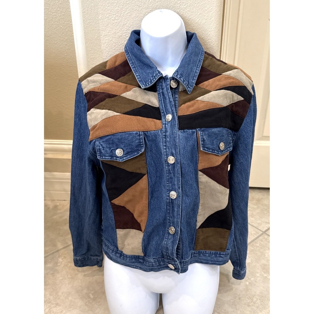 Tantrums Denim Patchwork Embroidered Jacket Faux Suede Coat Sz S Trucker Boho - Picture 2 of 8
